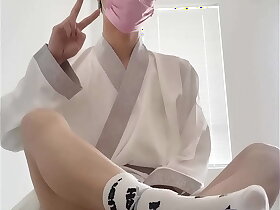asian hanfu sissy femboy twink white socks kneeling anal and huge cumshot