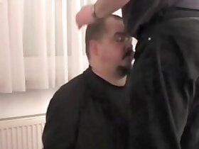 Blowjob and cum facial, fully clothed and handcuffed