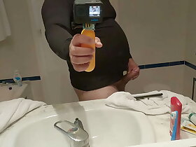 Big belly guy in spandex shirt arrhythmic off infront of reflect cumming on the stupefy